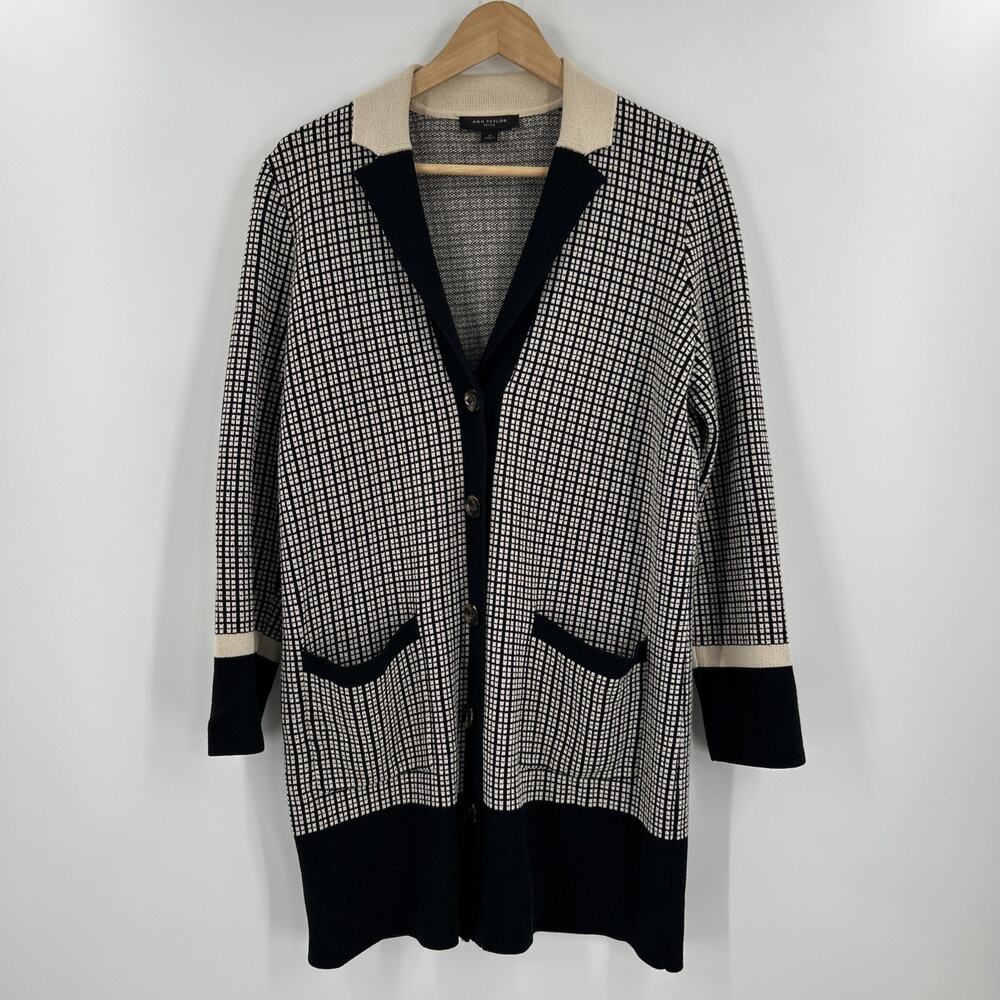 Ann Taylor Houndstooth Long Cardigan Womens L Petite Black Cream Knit